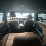 Innenraum eines Autos mit Ledersitzen, Blick vom Rücksitz nach vorn. Elegantes Fahrzeuginterieur, moderne Ausstattung.