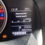 Auto-Armaturenbrett mit Warnleuchten, Momentanverbrauchsanzeige in L/100km und Kilometerstand bei 99.529 km.