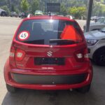Rotes Suzuki-Auto mit 45-Kilometer-Geschwindigkeitszeichen auf Parkplatz, grüne Landschaft im Hintergrund.
