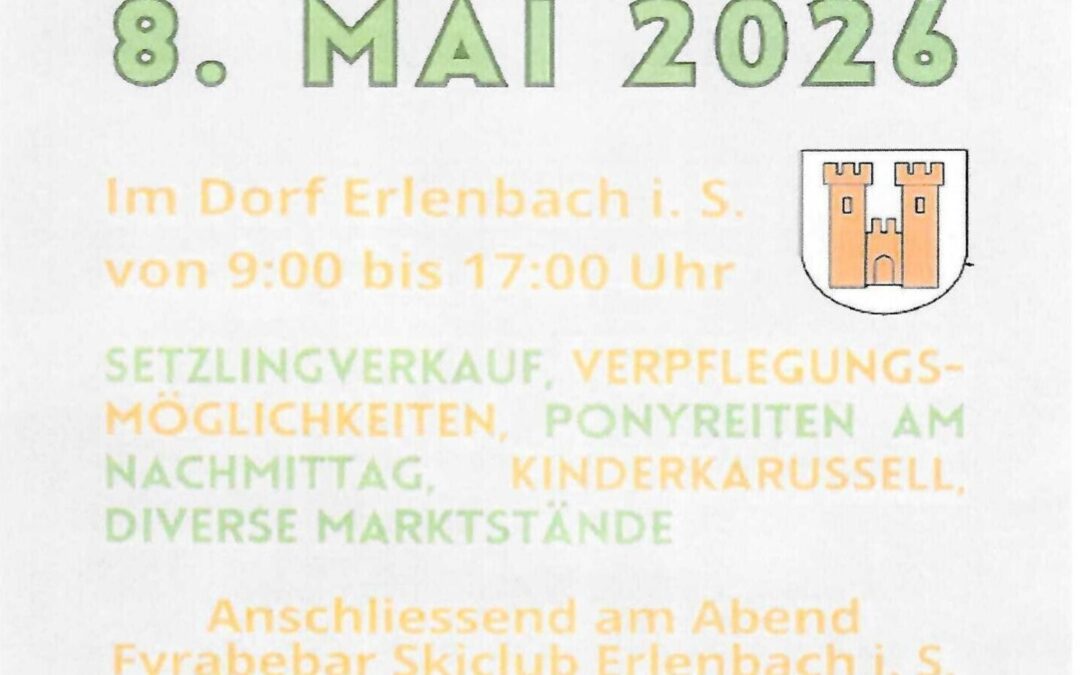 Maimarkt Erlenbach 2026 Flyer: Pflanzenverkauf, Essen, Ponyreiten, Kinderkarussell, Marktstände am 8. Mai.