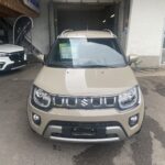 Beiger Suzuki SUV auf Parkplatz vor Autohaus, Frontansicht mit erkennbaren Scheinwerfern und Kühlergrill.