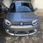 Silberner Suzuki Ignis vor einer Garage, Ansicht von vorne.