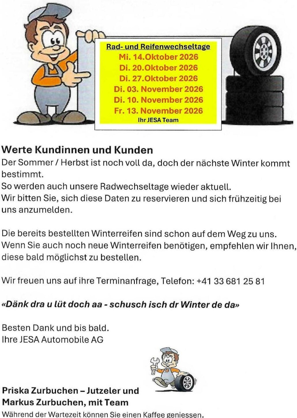 uyttpg9daipqb4jumlvb Termine für Rad- und Reifenwechsel: 14., 20., 27. Oktober, 3., 10., 13. November 2026, Kontakt JESA Team.